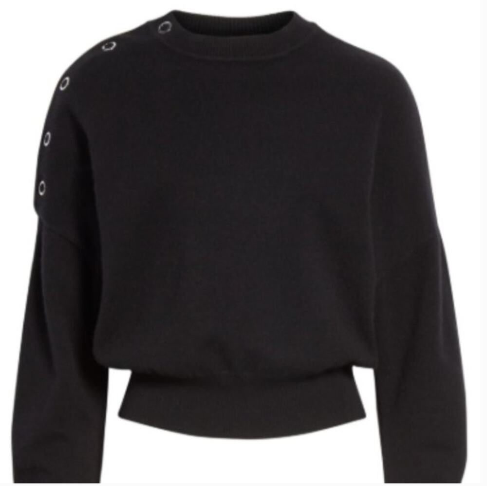 LEWIT Black Cashmere Blend Snap Detail Long Sleeve Crew Pullover Sweater Size XS